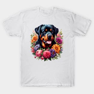 A rottweiler decorated with beautiful colorful flowers. T-Shirt